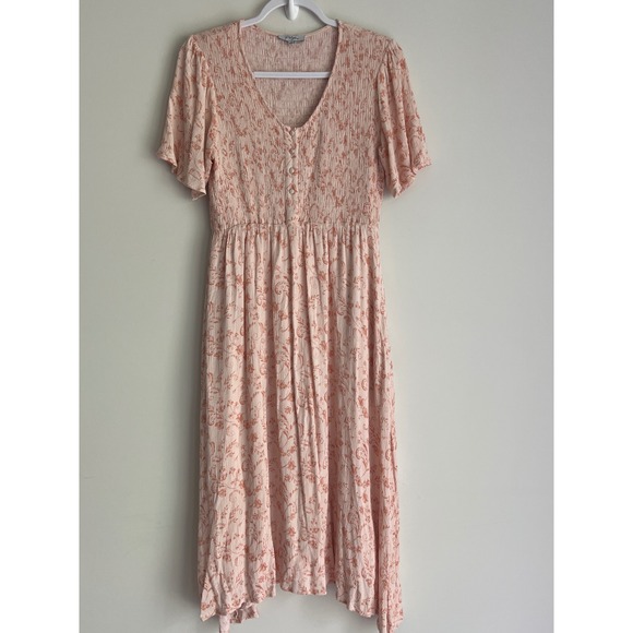 Polagram Dresses & Skirts - Polagram Pink Floral Smocked Midi Dress Short Flutter Sleeve V-Neck Pockets